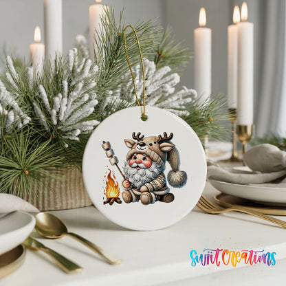 Santa roasting a marshmallow by a campfire ceramic Christmas ornament displayed with elegant holiday table decor