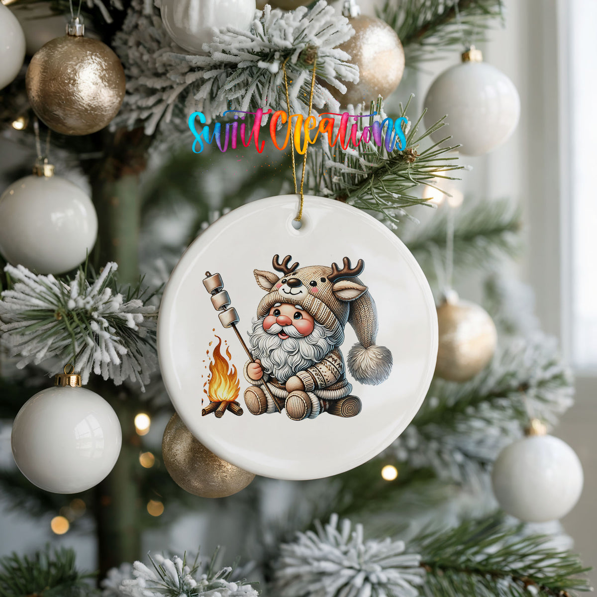 Santa roasting a marshmallow by a campfire ceramic Christmas ornament hanging on a frosted holiday tree