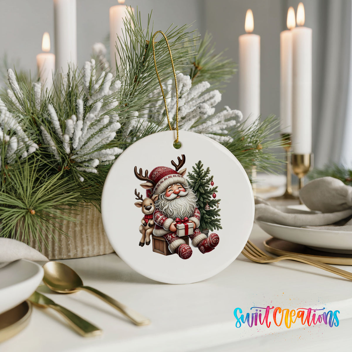 Round ceramic Christmas ornament featuring Santa with a reindeer beside a decorated Christmas tree, styled with elegant holiday table decor