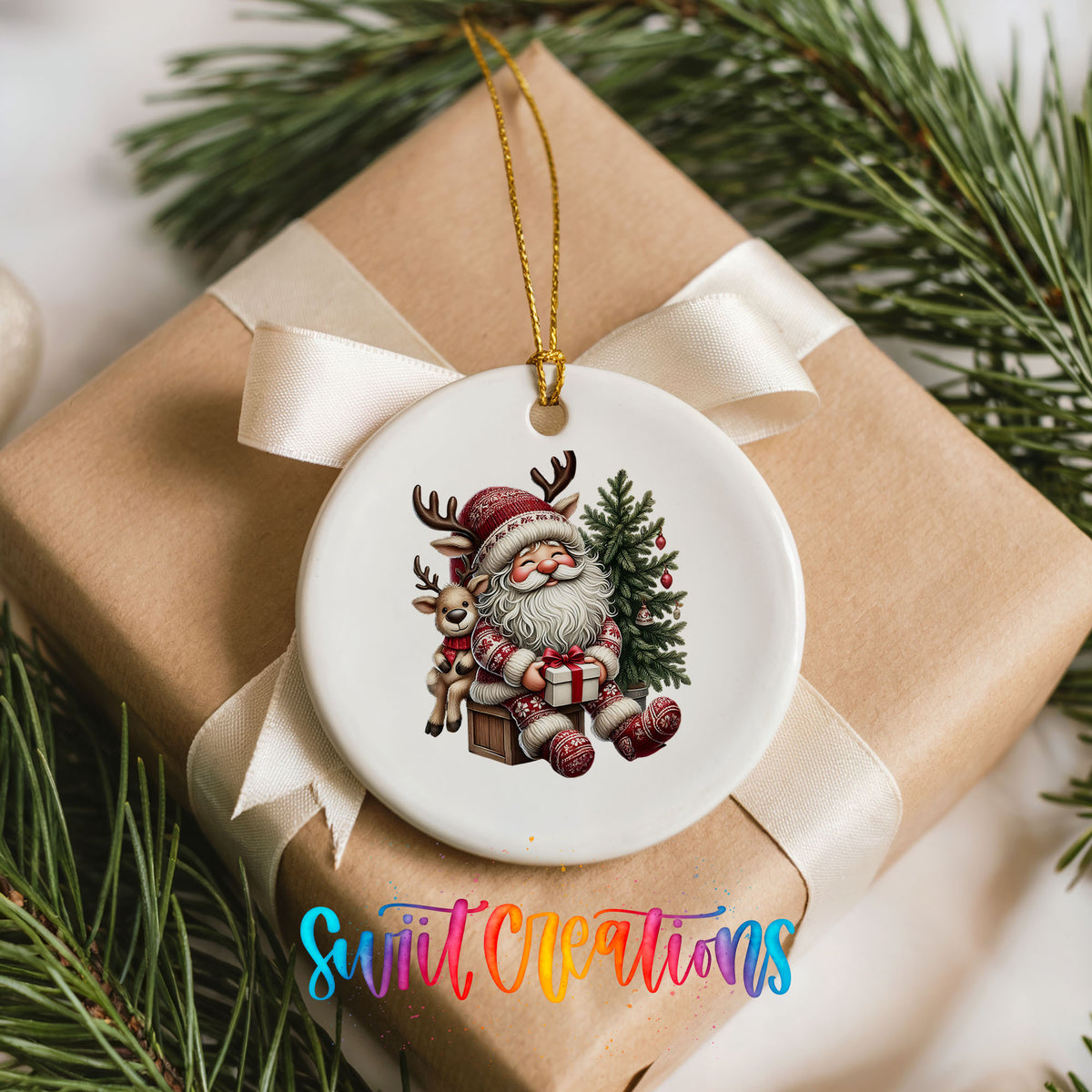 Round ceramic Christmas ornament featuring Santa with a reindeer beside a decorated Christmas tree, placed on a wrapped Christmas gift