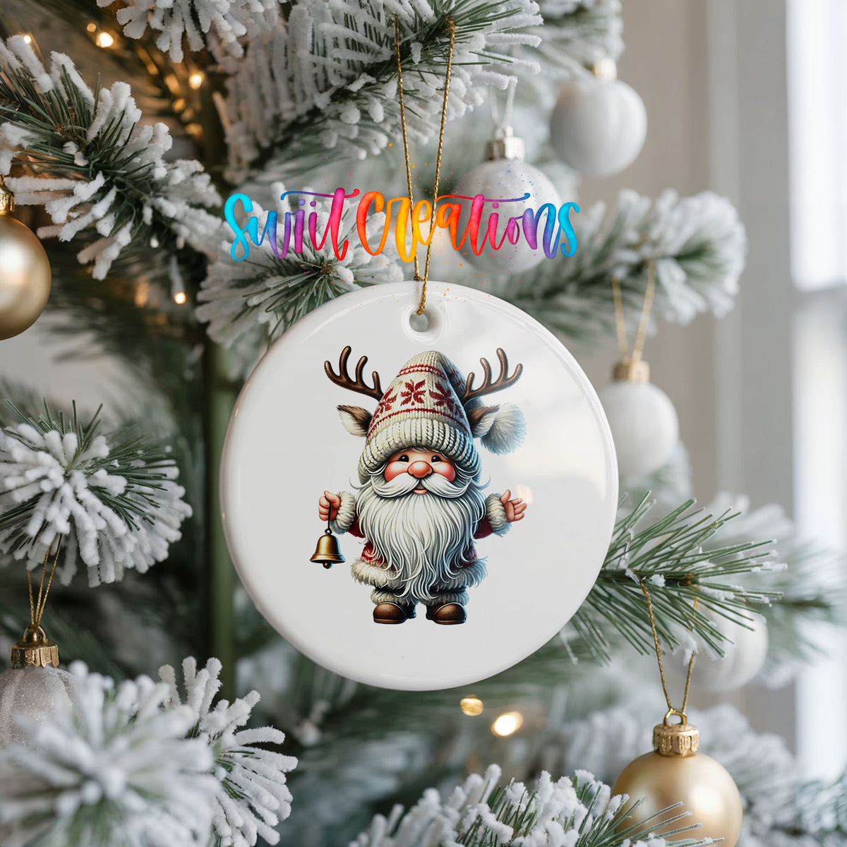 Round ceramic Christmas ornament featuring Santa ringing a Christmas handbell, hanging on a frosted Christmas tree
