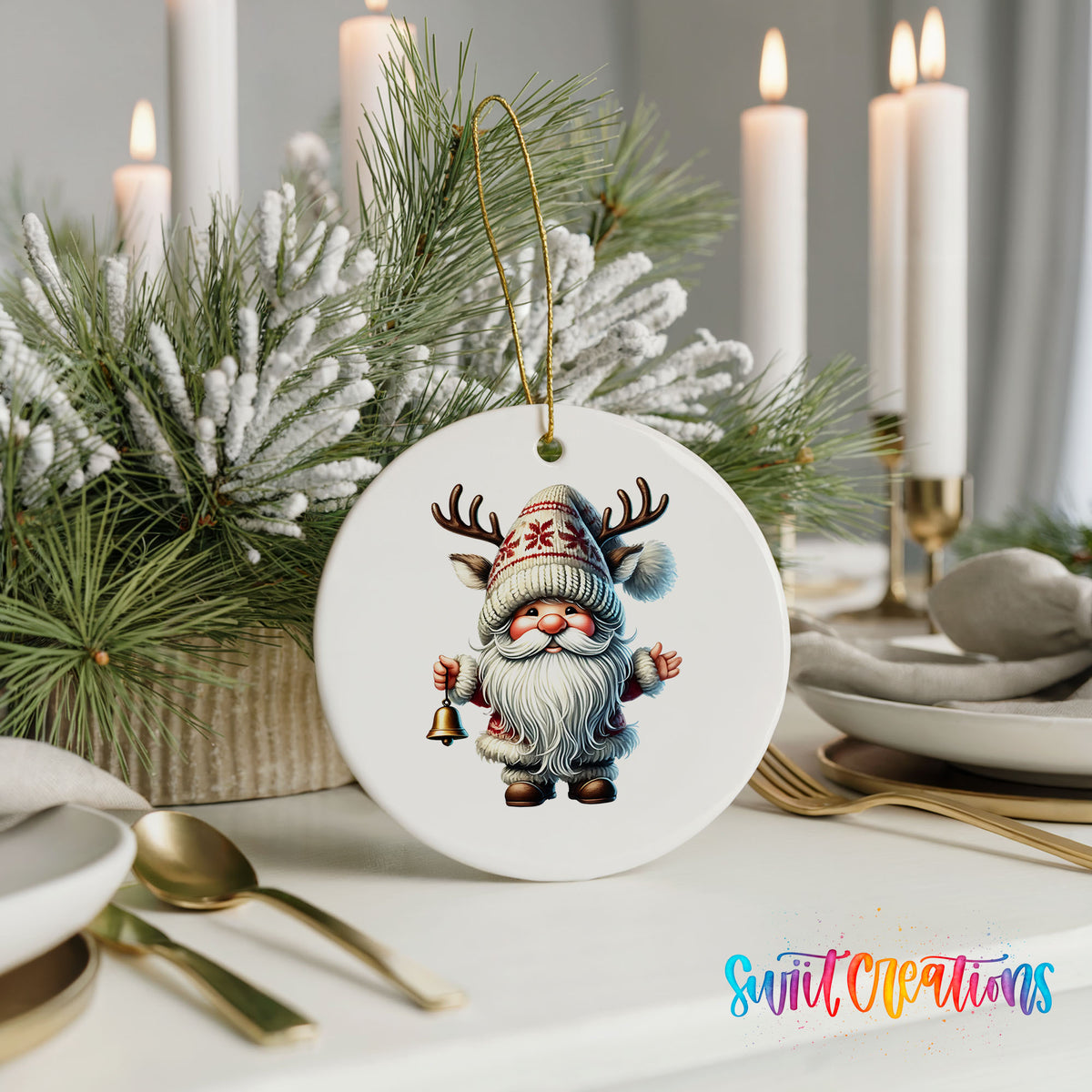 Round ceramic Christmas ornament featuring Santa ringing a Christmas handbell, styled with elegant holiday table decor