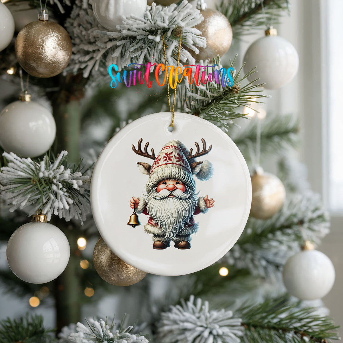 Round ceramic Christmas ornament featuring Santa ringing a Christmas handbell, hanging on a frosted holiday tree