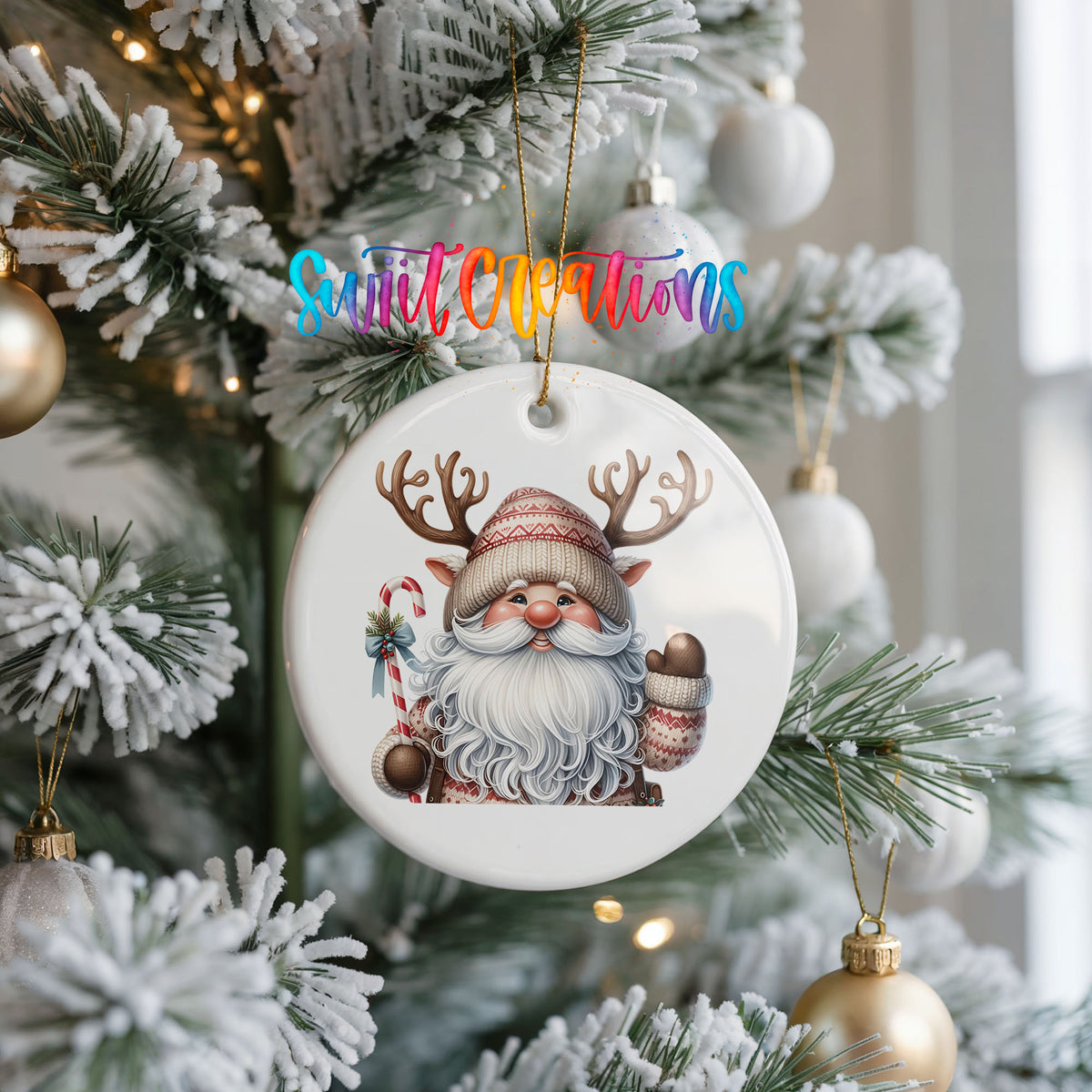 Round ceramic Christmas ornament featuring Santa holding a candy cane and mug of cocoa, hanging on a frosted Christmas tree