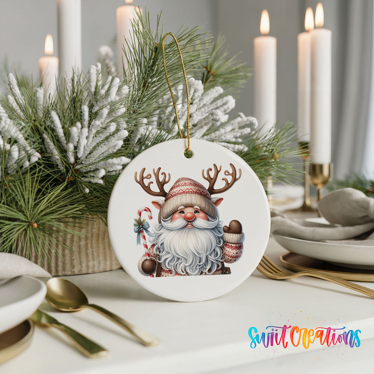 Round ceramic Christmas ornament featuring Santa holding a candy cane and mug of cocoa, styled with elegant holiday table decor