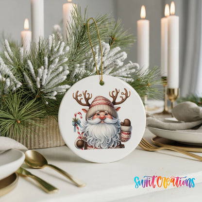 Round ceramic Christmas ornament featuring Santa holding a candy cane and mug of cocoa, styled with elegant holiday table decor