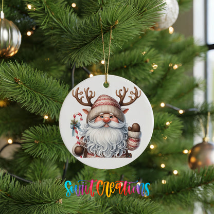 Round ceramic Christmas ornament featuring Santa holding a candy cane and mug of cocoa, hanging on a green Christmas tree