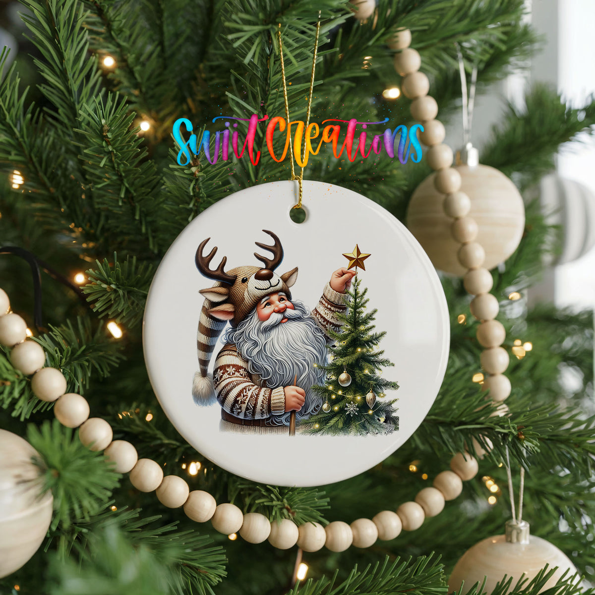 Round ceramic Christmas ornament featuring Santa placing a star on a Christmas tree, hanging on a decorated Christmas tree
