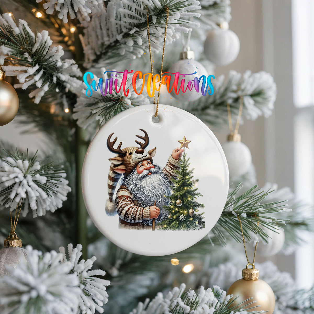 Round ceramic Christmas ornament featuring Santa placing a star on a Christmas tree, hanging on a frosted Christmas tree