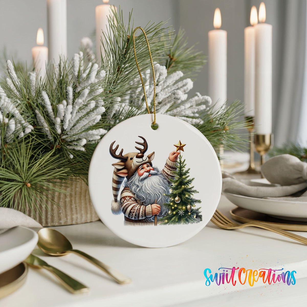 Round ceramic Christmas ornament featuring Santa placing a star on a Christmas tree, styled with elegant holiday table decor