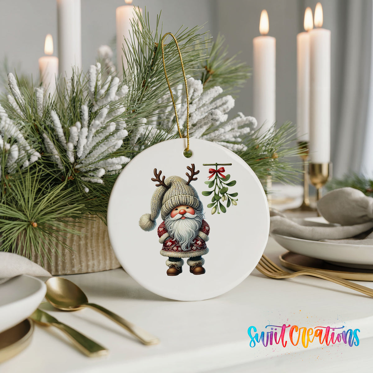 Round ceramic Christmas ornament featuring Santa standing beneath Christmas mistletoe, styled with elegant holiday table decor