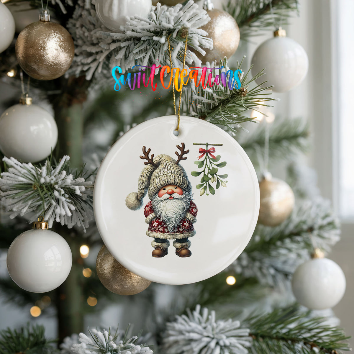 Round ceramic Christmas ornament featuring Santa standing beneath Christmas mistletoe, hanging on a frosted holiday tree