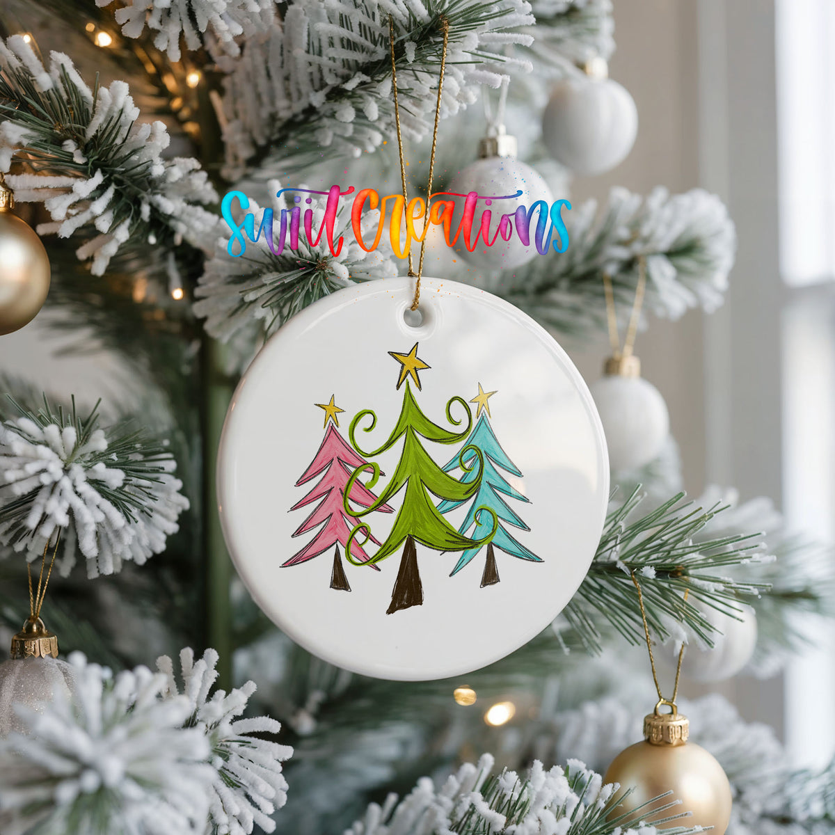 Round ceramic Christmas ornament featuring three colorful whimsical Christmas trees, hanging on a frosted Christmas tree