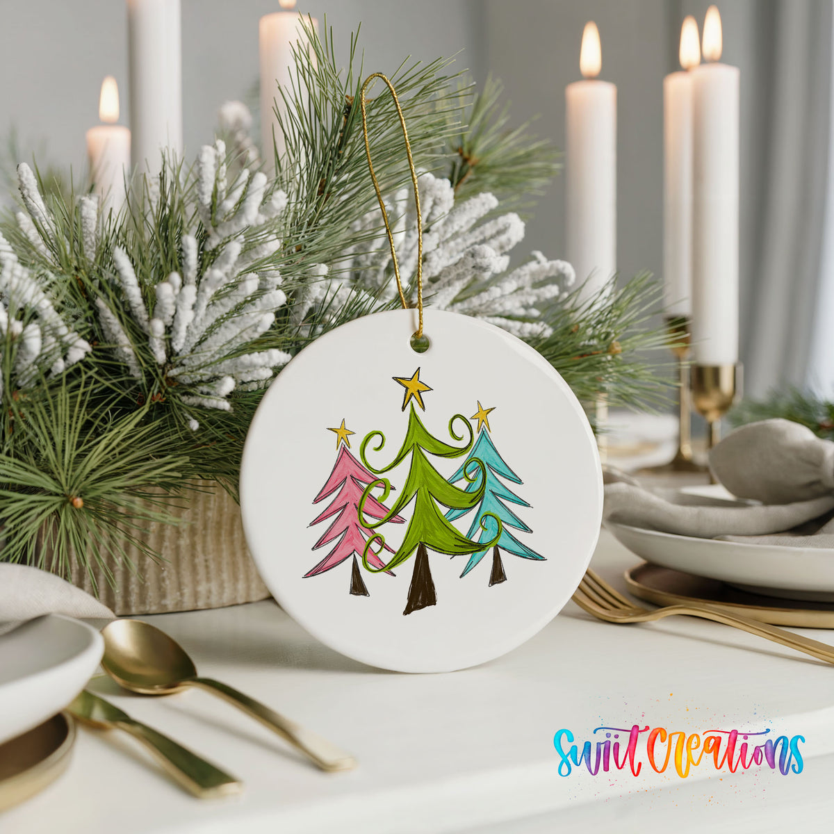 Round ceramic Christmas ornament featuring three colorful whimsical Christmas trees, styled with elegant holiday table decor