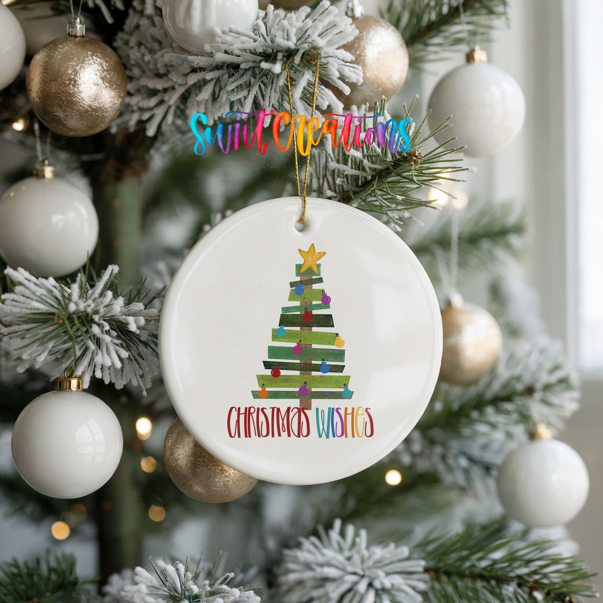Round ceramic Christmas ornament featuring colorful pallet-style Christmas tree with Christmas Wishes lettering, hanging on a frosted holiday tree