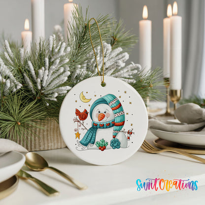 Round ceramic Christmas ornament featuring cozy snowman holding a bright red cardinal beneath a winter moon, styled with elegant holiday table decor