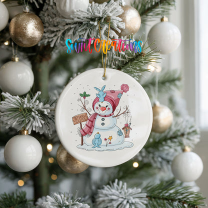 Round ceramic Christmas ornament featuring playful snowman dressed for a colorful winter snow day, hanging on a frosted holiday tree