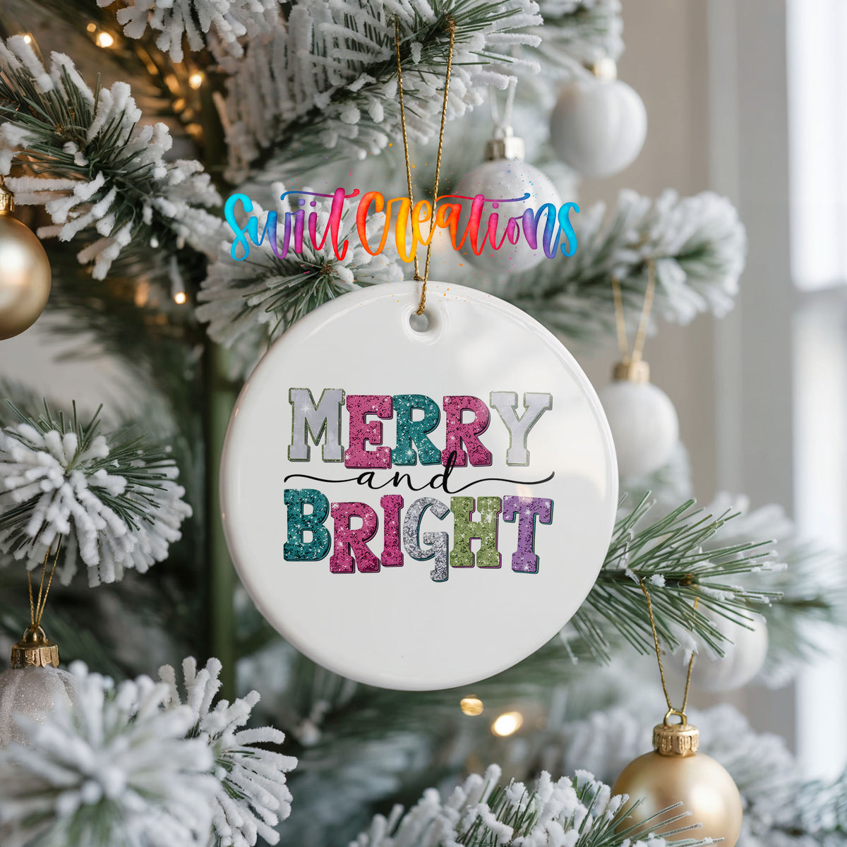 Round ceramic Christmas ornament featuring distressed patchwork Merry and Bright holiday typography, hanging on a frosted Christmas tree