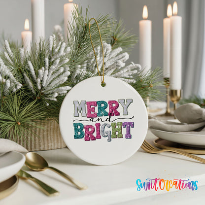 Round ceramic Christmas ornament featuring distressed patchwork Merry and Bright holiday typography, styled with elegant holiday table decor