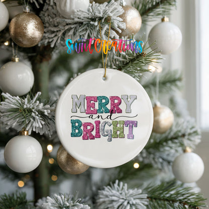 Round ceramic Christmas ornament featuring distressed patchwork Merry and Bright holiday typography, hanging on a frosted holiday tree