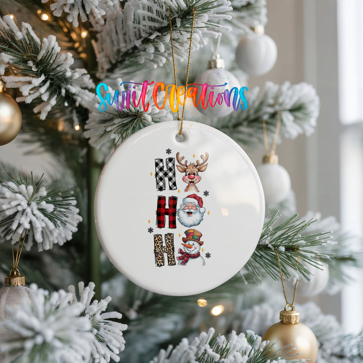 Round ceramic Christmas ornament featuring stacked Ho Ho Ho lettering with cheerful holiday characters, hanging on a frosted Christmas tree