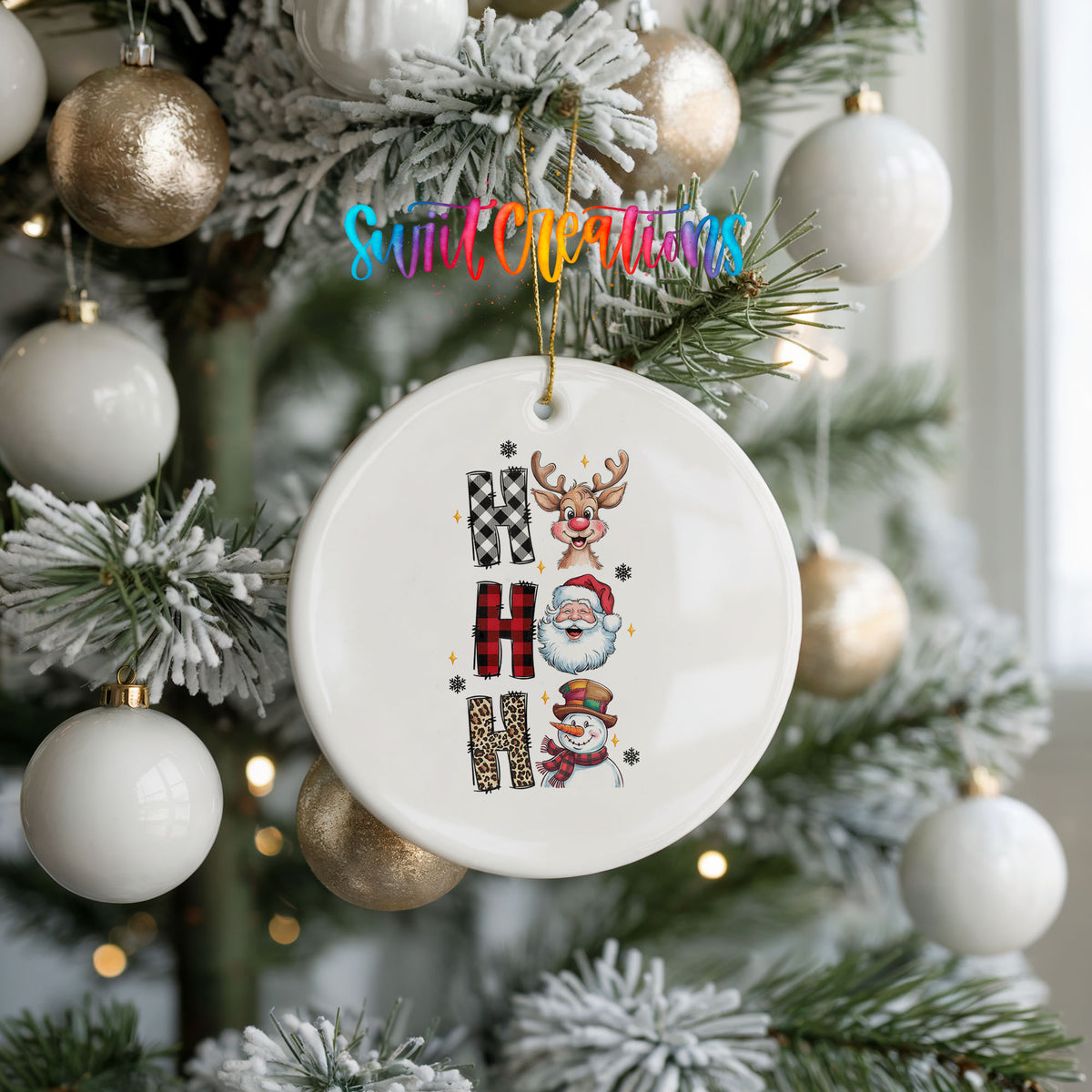 Round ceramic Christmas ornament featuring stacked Ho Ho Ho lettering with cheerful holiday characters, hanging on a frosted holiday tree