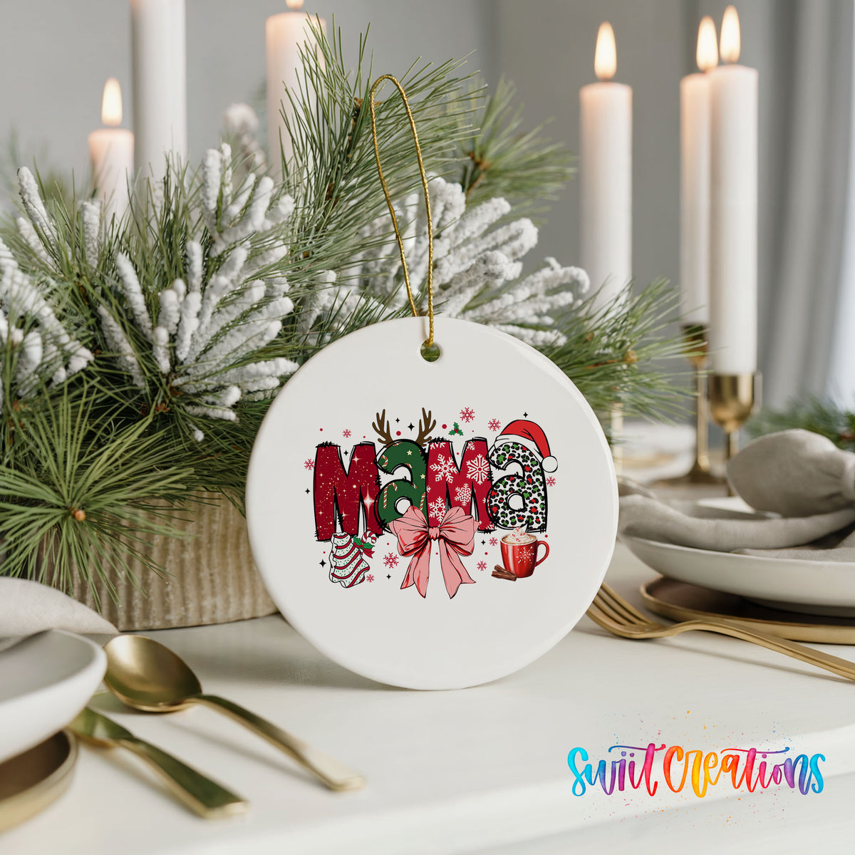 Round ceramic Christmas ornament featuring festive patterned Mama lettering with a large red holiday bow, styled with elegant holiday table decor