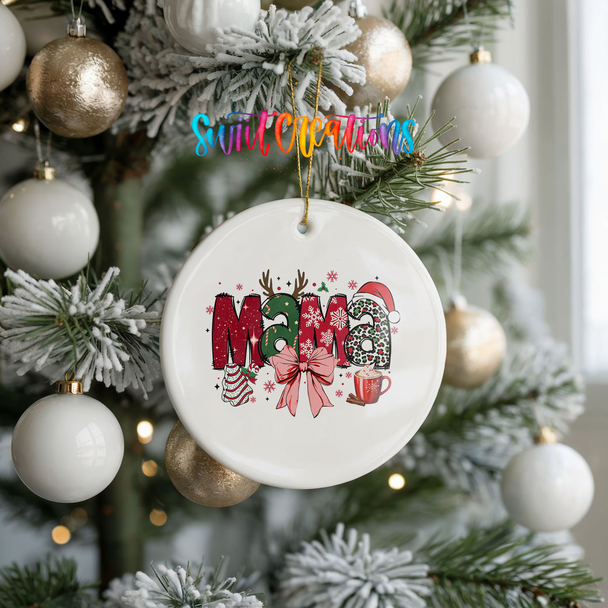 Round ceramic Christmas ornament featuring festive patterned Mama lettering with a large red holiday bow, hanging on a frosted holiday tree