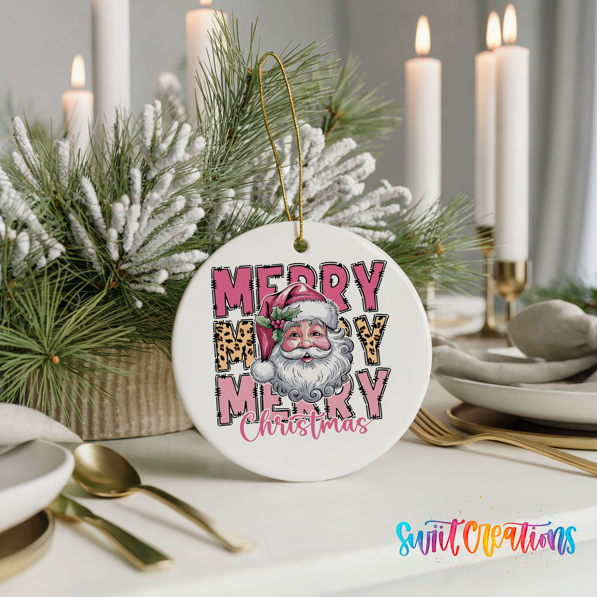 Round ceramic Christmas ornament featuring stacked Merry Merry Merry Christmas lettering with Santa and leopard print accents, styled with elegant holiday table decor