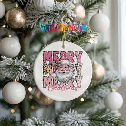 Round ceramic Christmas ornament featuring stacked Merry Merry Merry Christmas lettering with Santa and leopard print accents, hanging on a frosted holiday tree