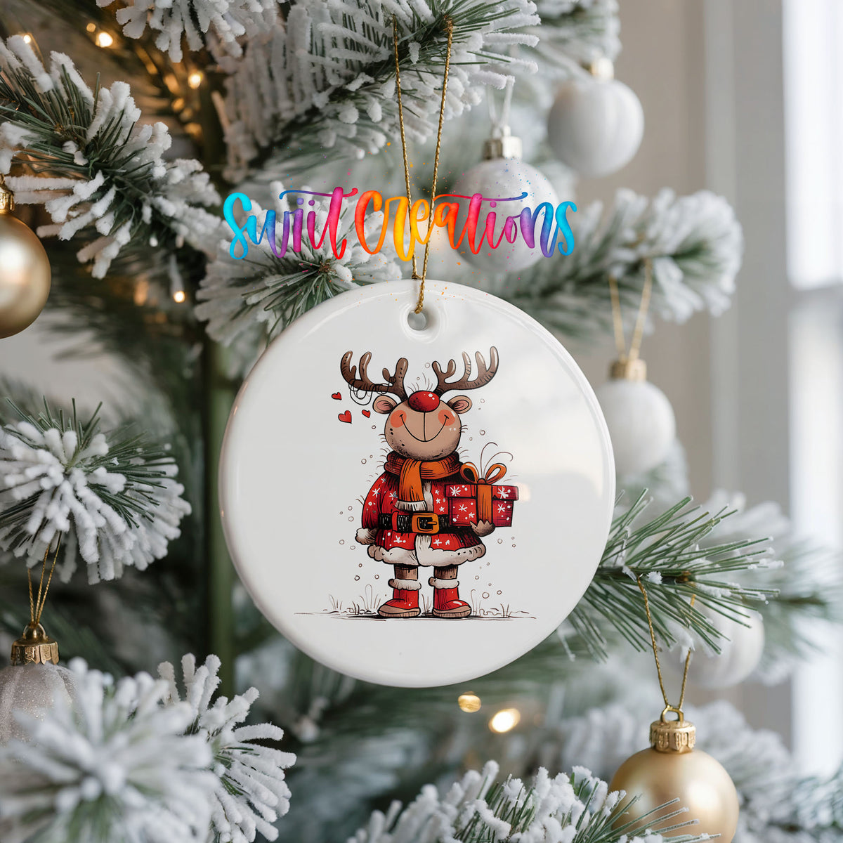 Round ceramic Christmas ornament featuring cheerful reindeer in a Santa suit holding wrapped Christmas gifts, hanging on a frosted Christmas tree