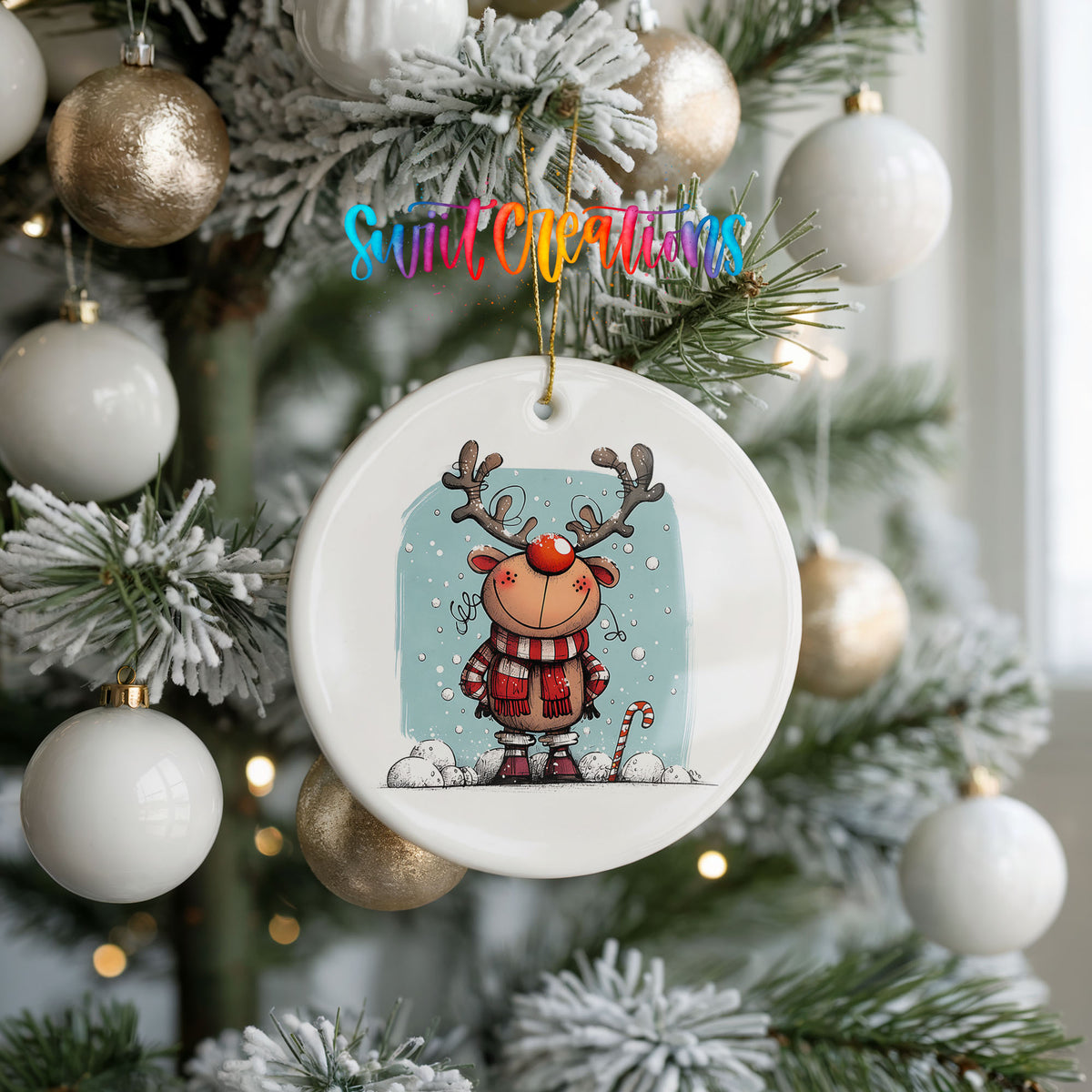 Round ceramic Christmas ornament featuring smiling reindeer in red plaid winter clothes against a snowy blue background, hanging on a frosted holiday tree