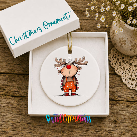 Cute Reindeer in Orange Sweater Christmas ornament displayed in an included gift box