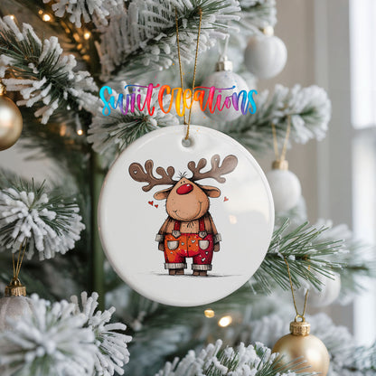 Reindeer in Red Plaid Overalls Christmas ornament hanging on a frosted Christmas tree