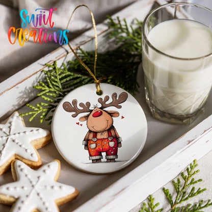 Reindeer in Red Plaid Overalls Christmas ornament styled with cookies and milk