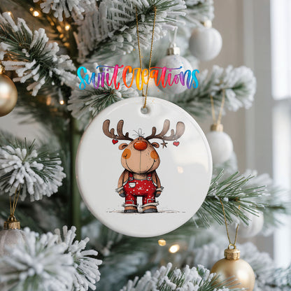 Reindeer in Red Plaid Sweater Christmas ornament hanging on a frosted Christmas tree