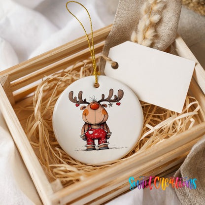 Reindeer in Red Plaid Sweater Christmas ornament presented in a rustic wooden gift crate