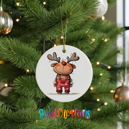 Reindeer in Red Plaid Outfit Christmas ornament hanging on a green Christmas tree