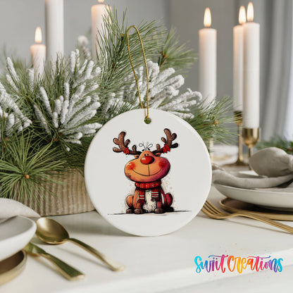 Jolly Reindeer in Red and Black Outfit Christmas ornament styled with elegant holiday table decor