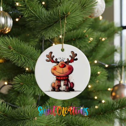Jolly Reindeer in Red and Black Outfit Christmas ornament hanging on a green Christmas tree