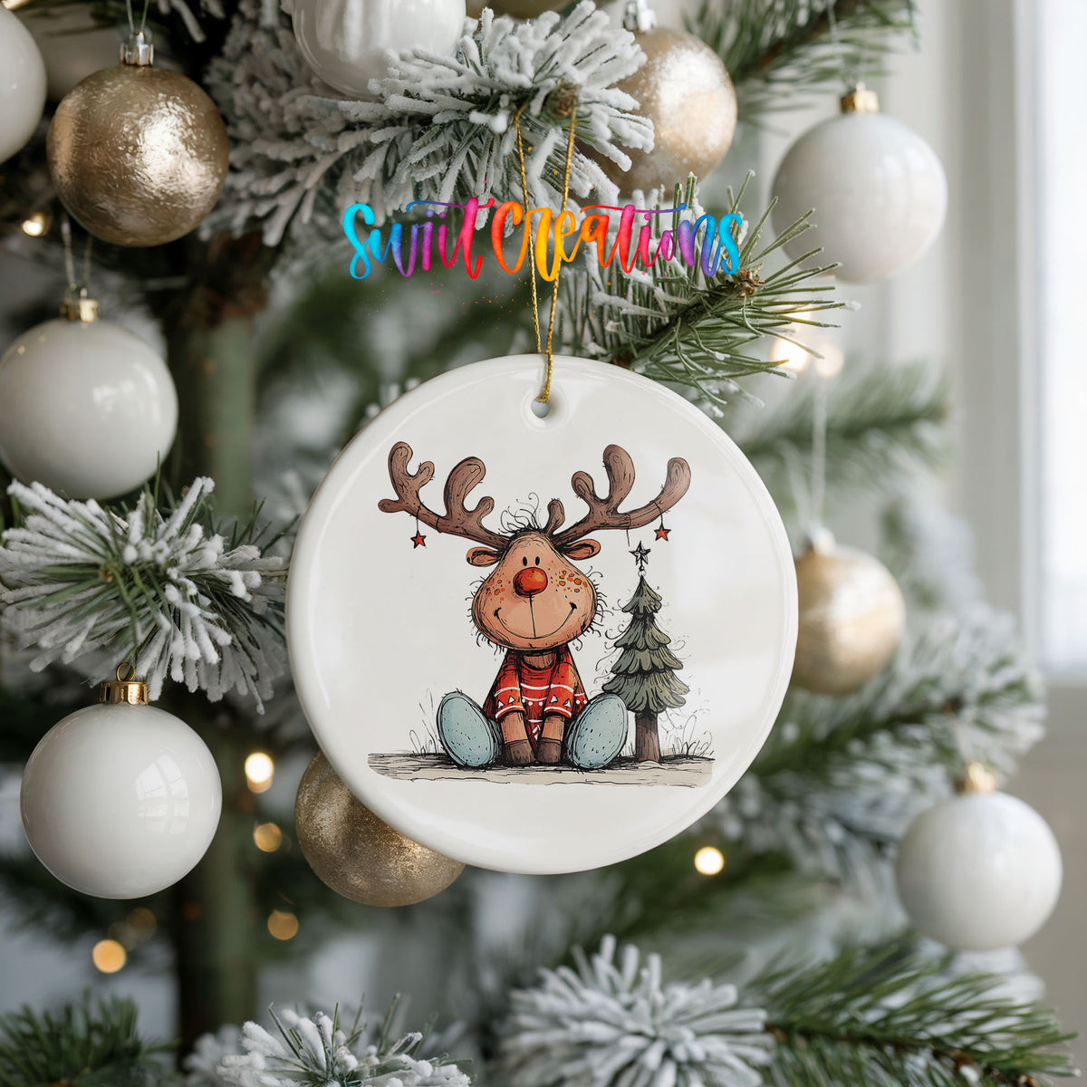 Sitting Reindeer with Gift and Christmas Tree Christmas ornament hanging on a frosted holiday tree