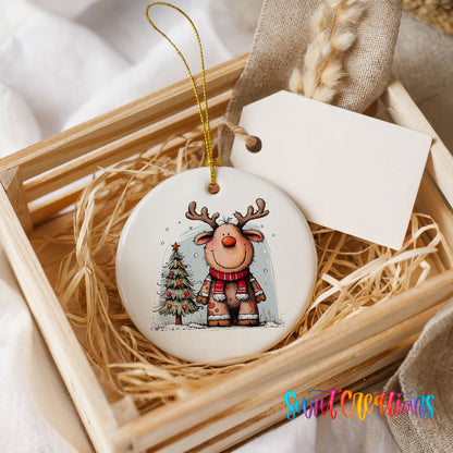 Reindeer in Red Scarf with Pine Trees Christmas ornament presented in a rustic wooden gift crate