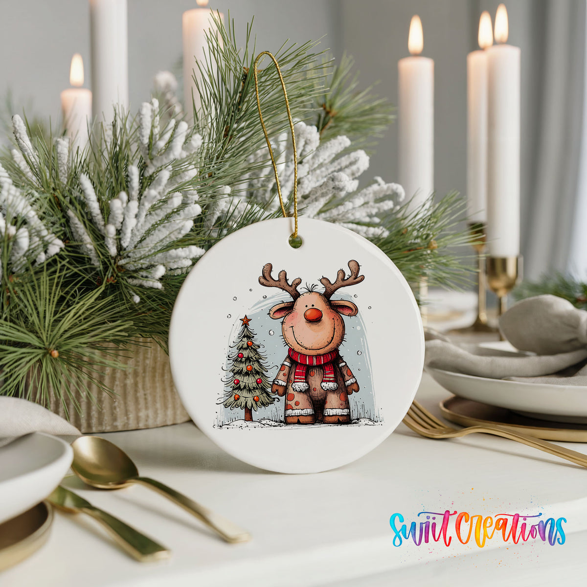 Reindeer in Red Scarf with Pine Trees Christmas ornament styled with elegant holiday table decor