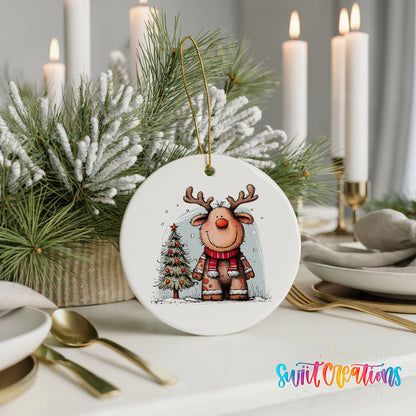 Reindeer in Red Scarf with Pine Trees Christmas ornament styled with elegant holiday table decor