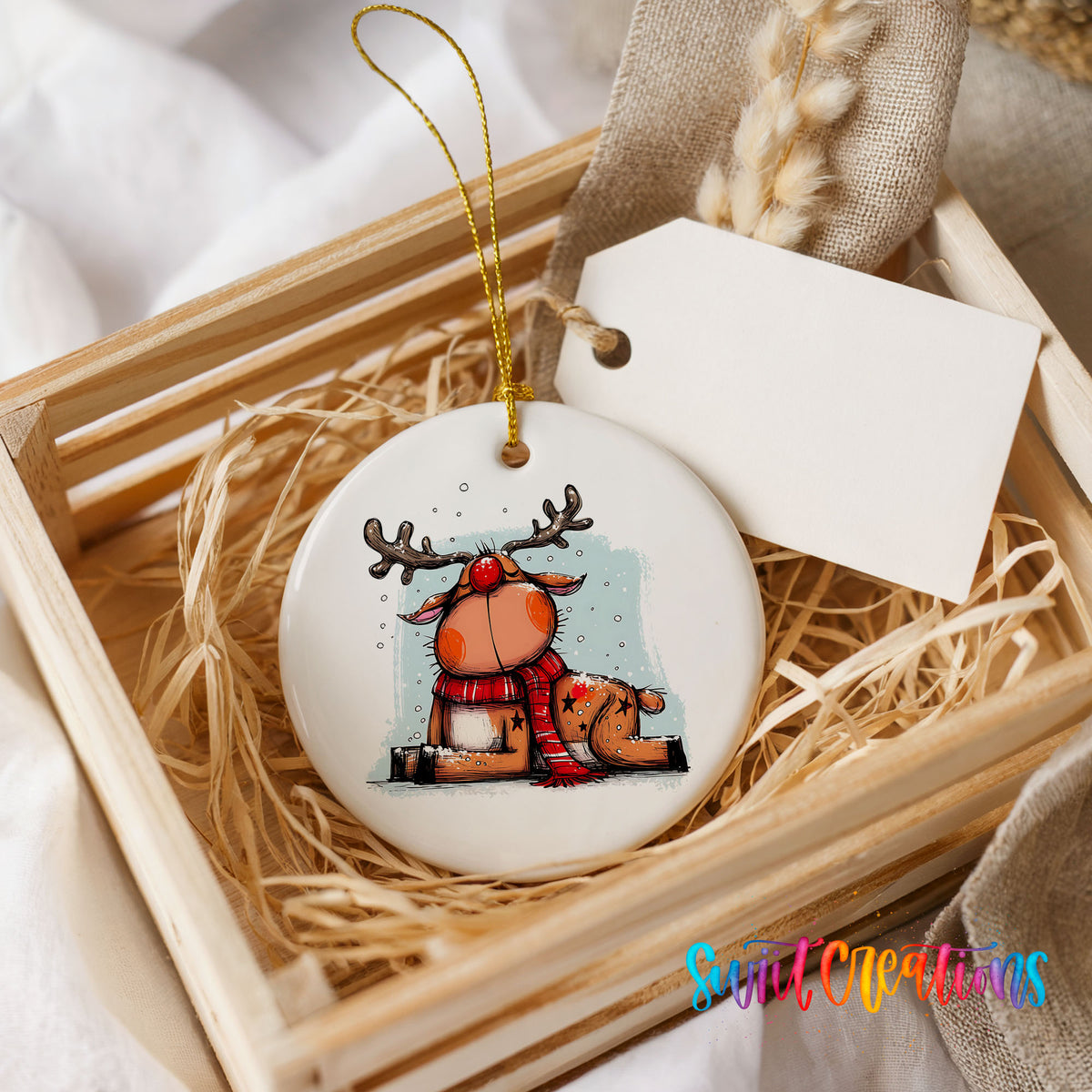 Santa and Reindeer with Gift Sack Christmas ornament presented in a rustic wooden gift crate