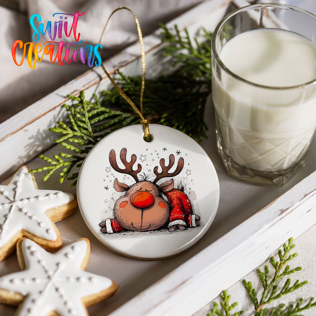 Sleeping Reindeer in Red Scarf Christmas ornament styled with cookies and milk