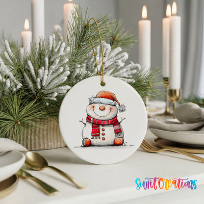 Cheerful Snowman in Santa Hat Christmas ornament styled with elegant holiday table decor