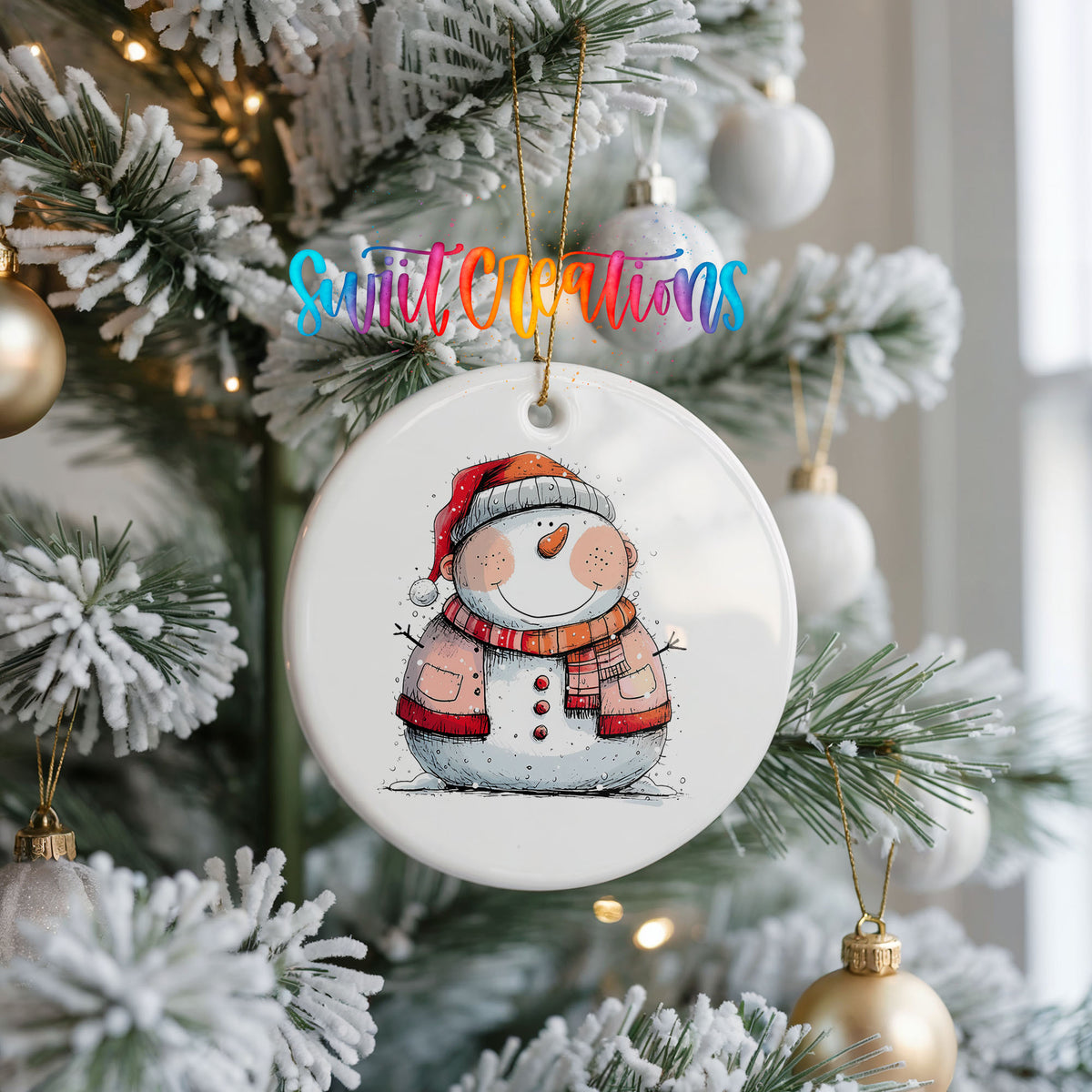 Snowman Couple in Red Santa Hats Christmas ornament hanging on a frosted Christmas tree