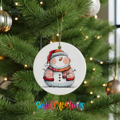 Snowman Couple in Red Santa Hats Christmas ornament hanging on a green Christmas tree