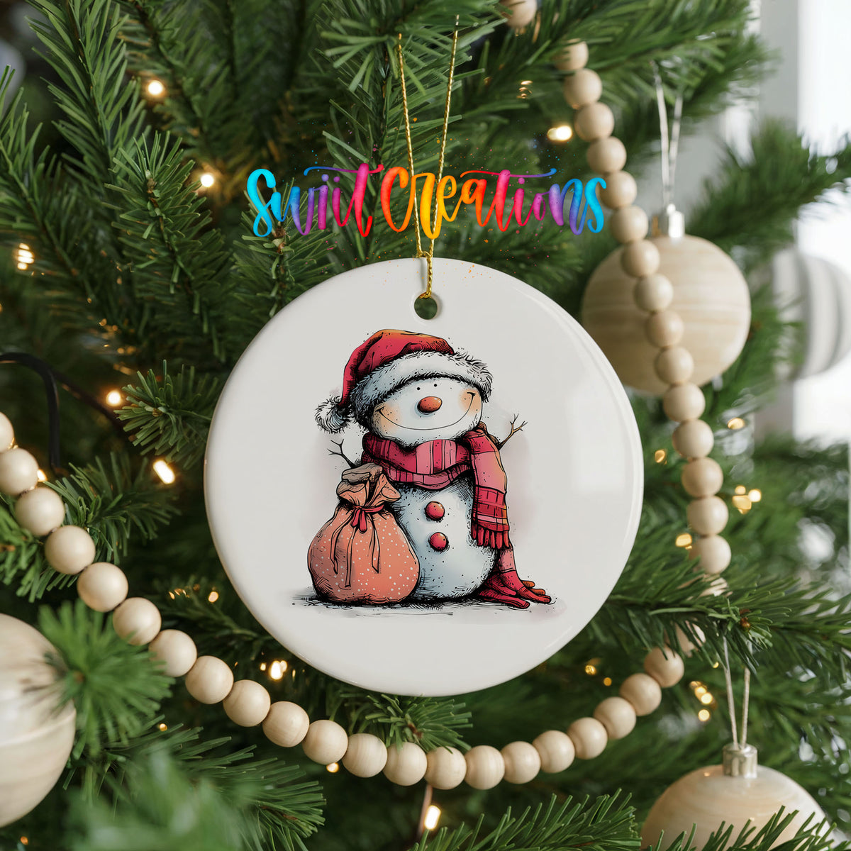 Snowman with Pink Gift Sack Christmas ornament hanging on a decorated Christmas tree